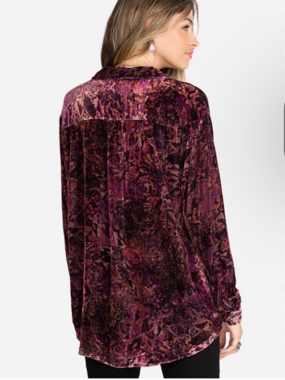 Johnny Was Velvet Button-Down Shirt in Plum, Burgundy & Rust